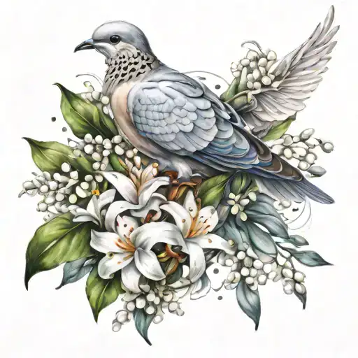 dove, canary, water LIllies, lily of the valley flower tattoo design idea