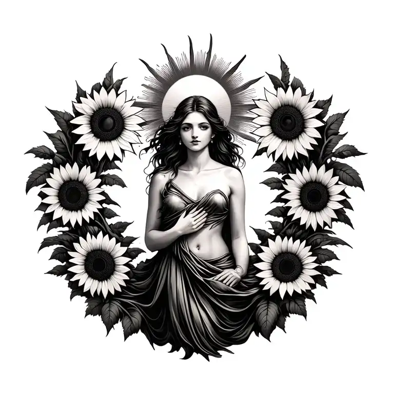 Realistic female divine standing tall radiant sun above head, vines 3 sunflowers earthy vertical design draped full body tattoo design idea