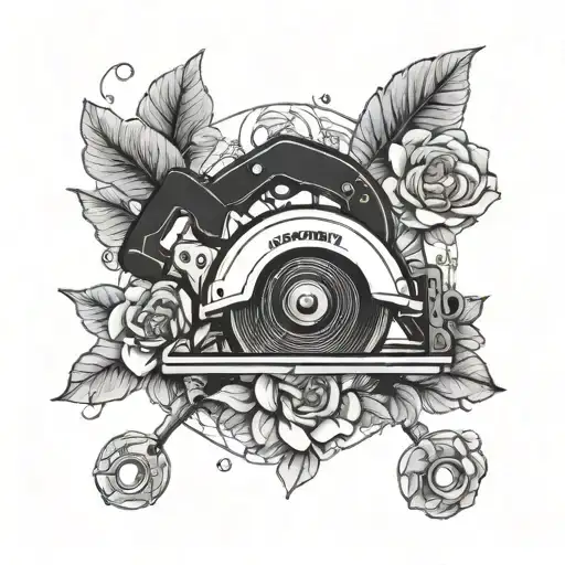 circular saw and flowers surrounding tattoo design idea