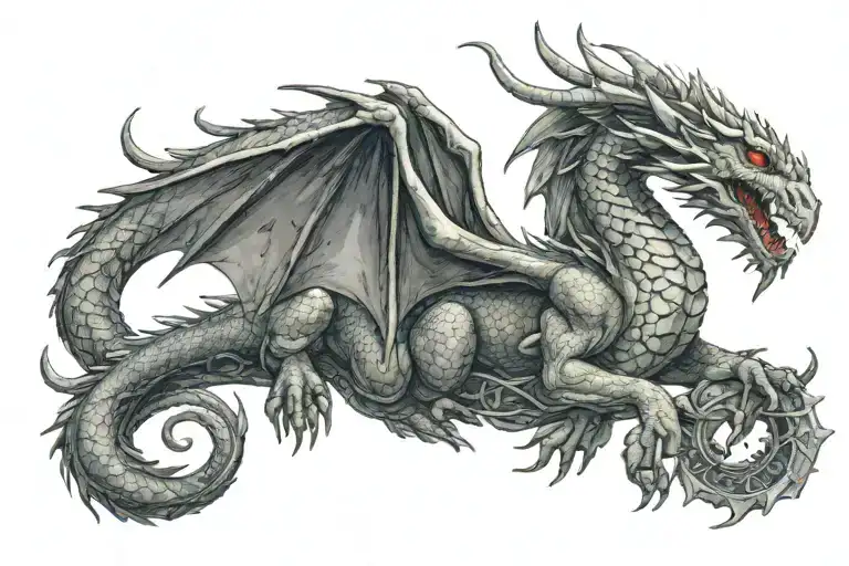 The upper part of the shoulder is the flying dragon Rhaegal with blue eyes from the Game of Thrones series, on the dragon's foot is a goat, underneath tattoo design idea