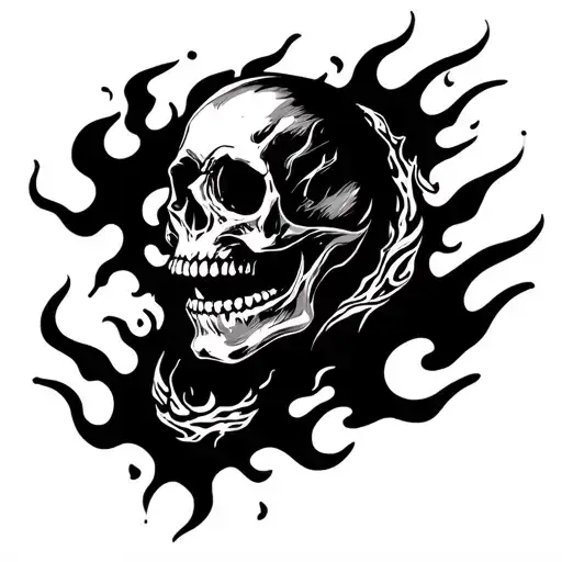 skull with flames around knee tattoo design idea