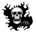 skull with flames around knee tattoo design idea