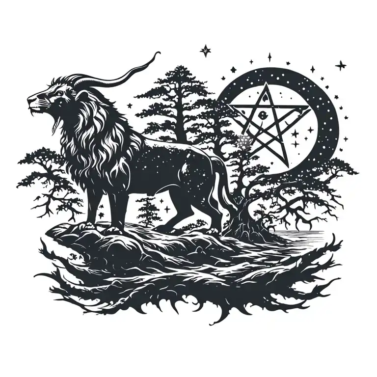 lion, goat, island, night sky, stars, lost, trees pentagrams tattoo design idea