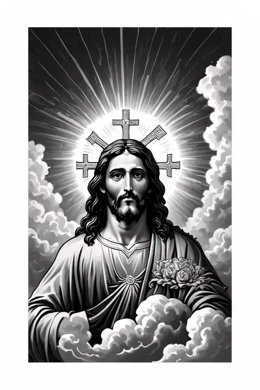 Jesus Christ with clouds and sun rays background tattoo design idea