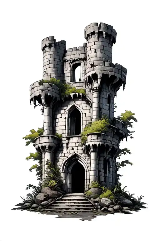 ruined castle overgrown tattoo design idea