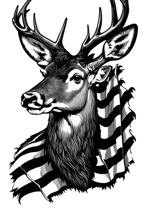 deer head and american flag tattoo design idea