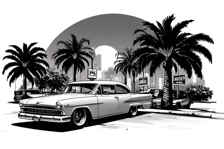 palm trees with LA and lowrider car and street scene and signs tattoo design idea