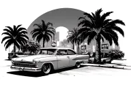 palm trees with LA and lowrider car and street scene and signs tattoo design idea