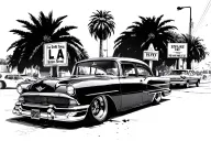 palm trees with LA and lowrider car and street scene and signs tattoo design idea