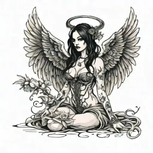 Sexy Angel, pale skin, Big breasts, Wide Hips, Angel wings, Halo, G-String, Revealing bra, Sexual, Bloody, Seductive. tattoo design idea