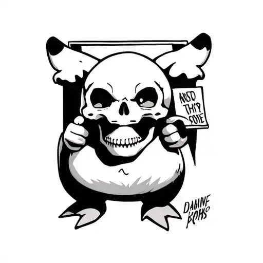 make a tattoo of a psyduck holding a poster of a cubone skull in one hand and the other hand should be holding rolled up tattoo design idea