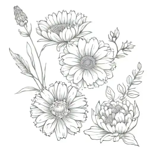 Roman numeral three with a calendula flower and an aster flower and a carnation flower tattoo design idea