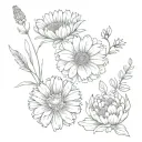 Roman numeral three with a calendula flower and an aster flower and a carnation flower tattoo design idea