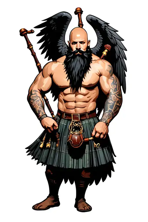 bagpipes in left arm bald shirtless muscular bagpiper black beard with two huge black wings  tattoo design idea