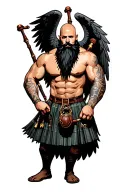 bagpipes in left arm bald shirtless muscular bagpiper black beard with two huge black wings  tattoo design idea