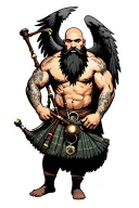 bagpipes in left arm bald shirtless muscular bagpiper black beard with two huge black wings  tattoo design idea