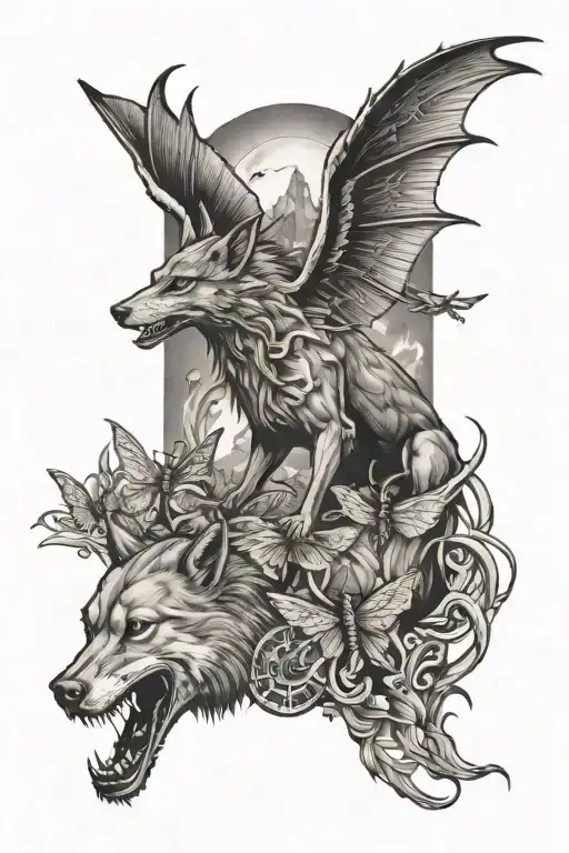 pegasus, dragon, butterfly, stingray, and dragonfly fly above a wolf looking up at them.  tattoo design idea