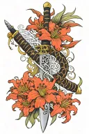 Chinese sword surrounded with spider red lilies wrapped tattoo design idea