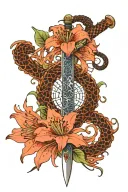 Chinese sword surrounded with spider red lilies wrapped tattoo design idea