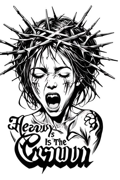 sexy girl screaming in pain with a crown of thorns sticking in to her head, with the text "Heavy Is The Crown" tattoo design idea