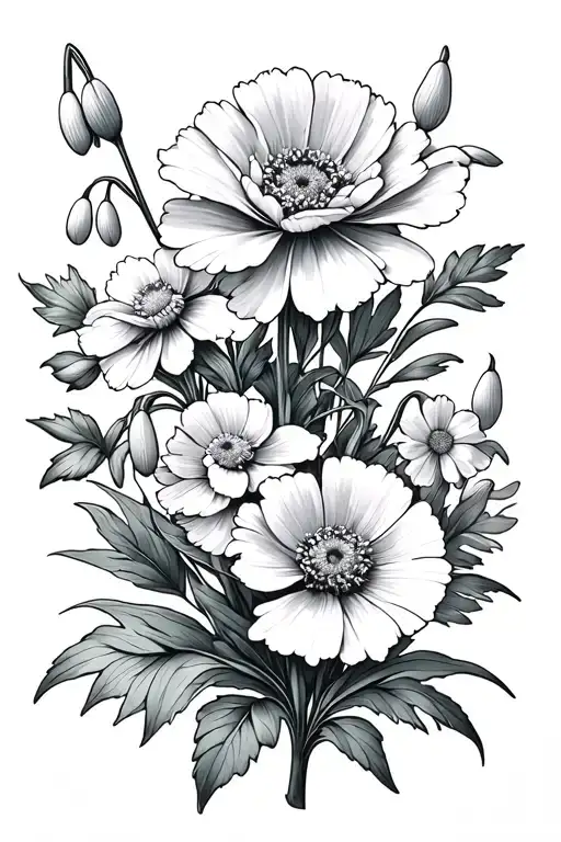 carnations, snowdrops, cosmos flowers tattoo design idea