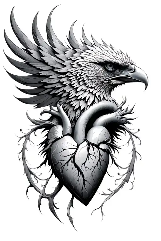 face phoenix with anatomic human Heart tattoo design idea