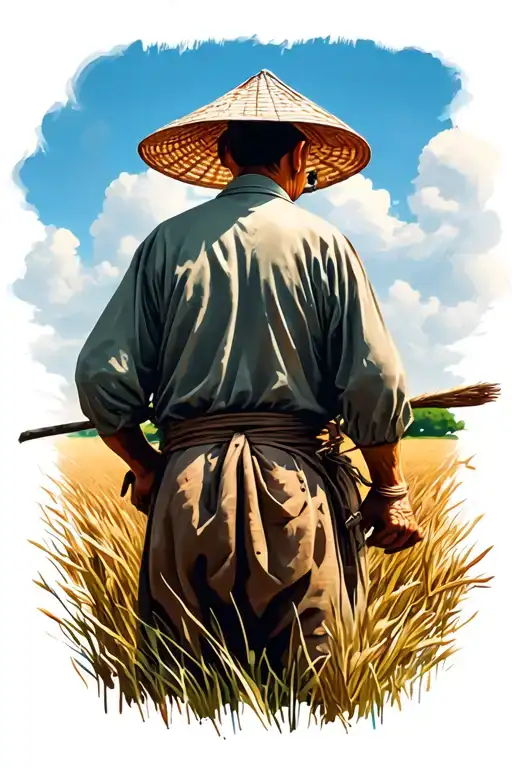 old Chinese farmer working in field facing away tattoo design idea