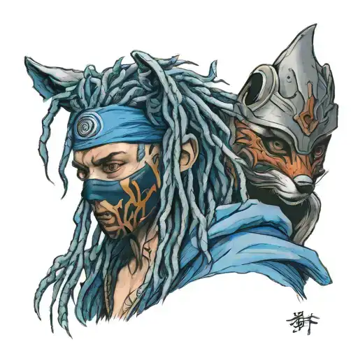 a 21 year old boy with blue dreads with a ninja cloth and a japanese fox mask tattoo design idea
