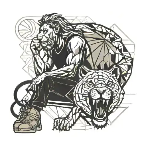 A basketball coach blowing a whistle with a lion resting at their feet, symbolizing leadership and strength tattoo design idea