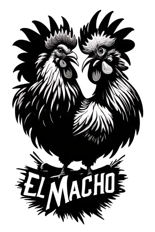 sexy rooster crowing in the air with one head and two legs with "El Macho" written below tattoo design idea