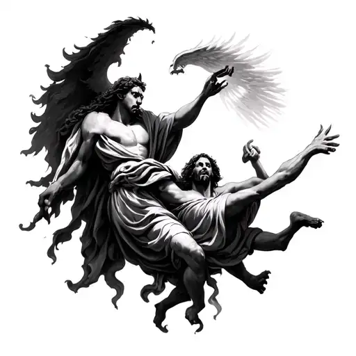 god holding hand from heaven and the devil dragging you down tattoo design idea