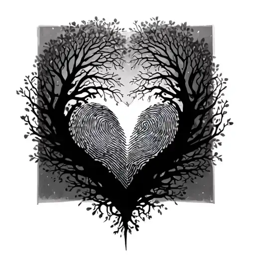 2 fingerprints linked in the shape of a heart that they are the branches of a tree tattoo design idea