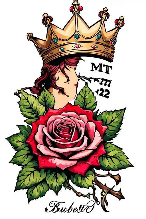 Rose sleeve with the phrase "MTTM2" at the shoulder with a crown hanging off the top tattoo design idea