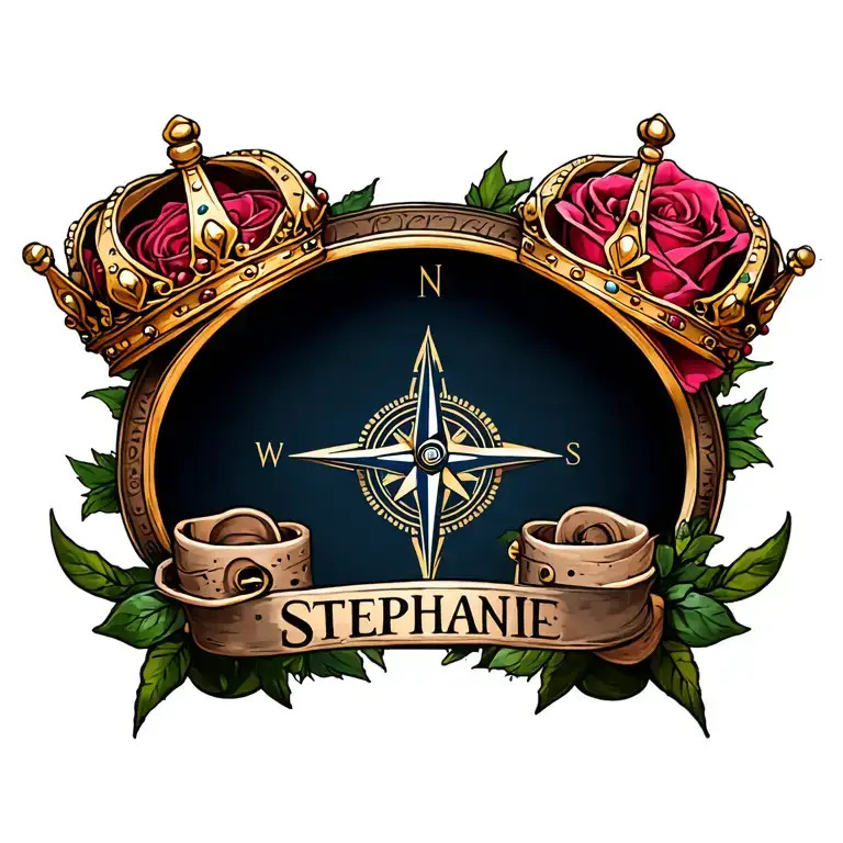 the name Stephanie with a crown, compass and rose growing tattoo design idea