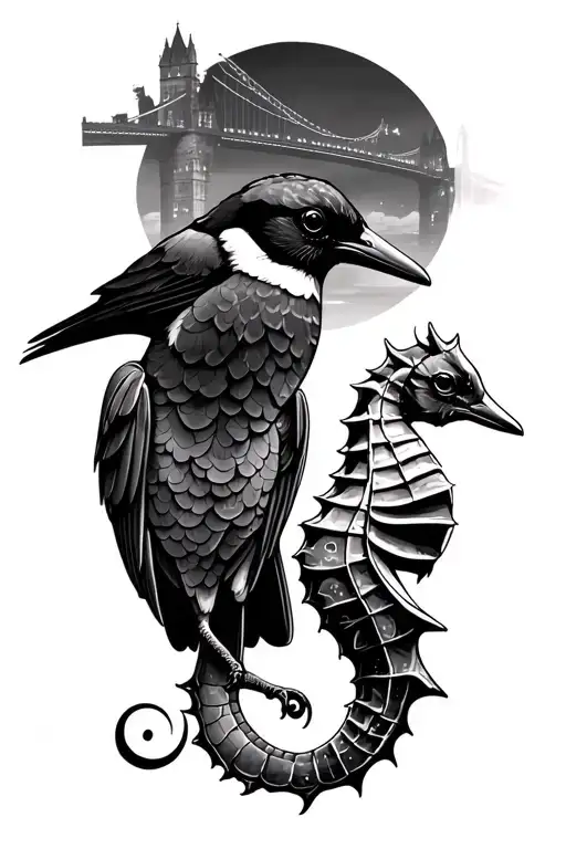magpie and seahorse with Tyne bridge Newcastle skyline tattoo design idea