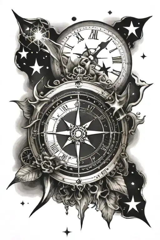 half clock half compass surrounded by various stars tattoo design idea