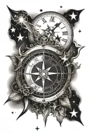 half clock half compass surrounded by various stars tattoo design idea