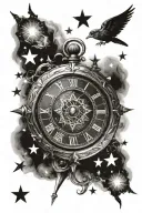 half clock half compass surrounded by various stars tattoo design idea
