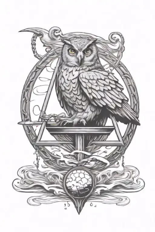 Deathly Hallows symbol as a pendant in rippling water. The chain is held by Hedwig, the owl, flying above the water tattoo design idea