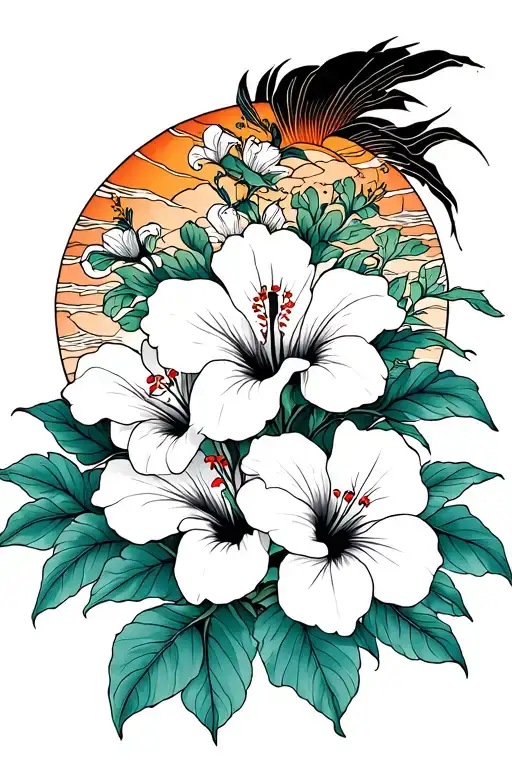 Japanese style hip tattoo with lily or hibiscus flowers and the sun  tattoo design idea