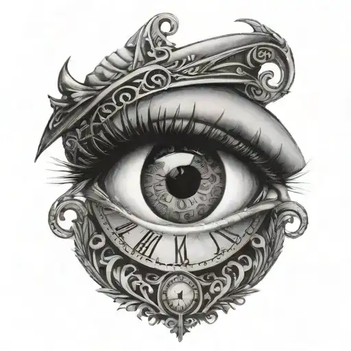 an eye with tear drop falling intertwined with roman numerals clock tattoo design idea