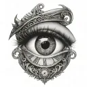 an eye with tear drop falling intertwined with roman numerals clock tattoo design idea
