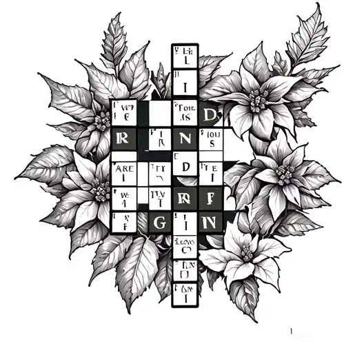 A crossword puzzle grid with each square containing a different bird species and a poinsettia pattern border tattoo design idea