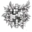 A crossword puzzle grid with each square containing a different bird species and a poinsettia pattern border tattoo design idea