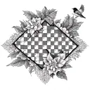 A crossword puzzle grid with each square containing a different bird species and a poinsettia pattern border tattoo design idea