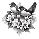 A crossword puzzle grid with each square containing a different bird species and a poinsettia pattern border tattoo design idea