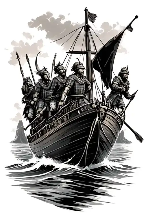 Per mate per terras with scottish warriors landing on a boat  tattoo design idea