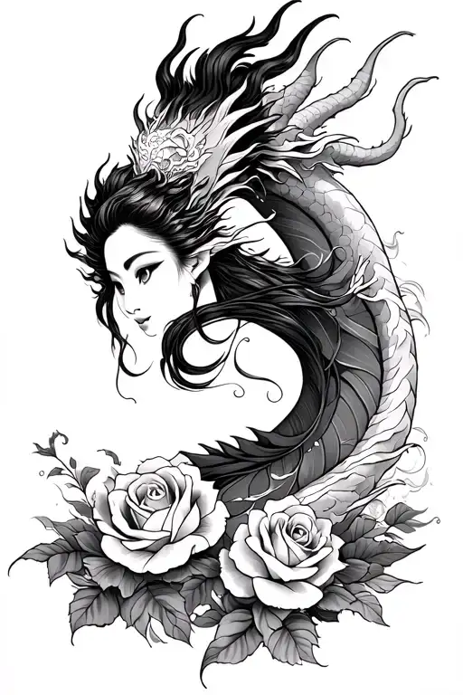 dragon, geisha with demon eyes, roses in The background, waves at The boyom tattoo design idea