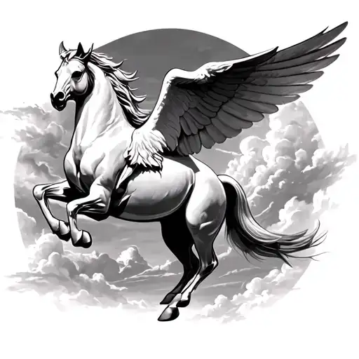 Pegasus flying with the rome choliseum at the background and clouds at the surroundings. it will be in the inner forearm tattoo design idea