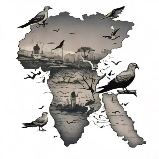 map of africa with flying doves andva crown tattoo design idea